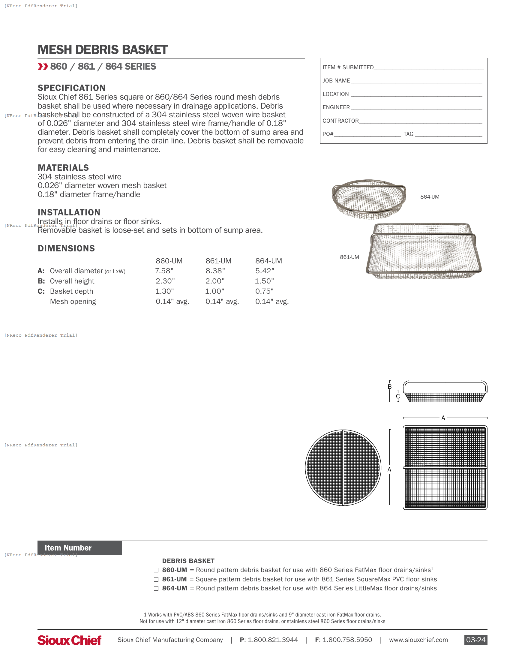 860 - 861 - 864 SERIES - DEBRIS SCREEN - SPEC SHEET.PDF Specification Document